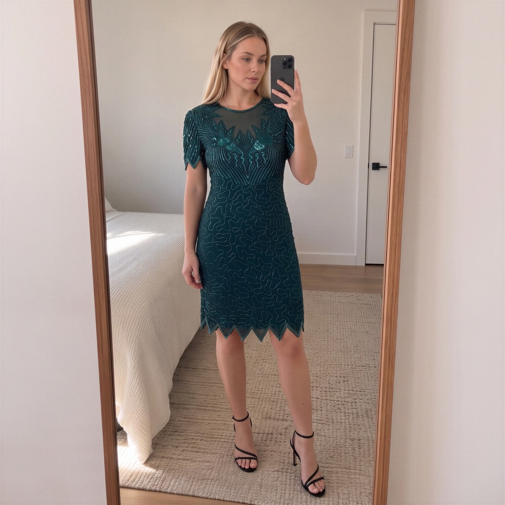Vintage Laurence Kazar Silk Beaded Dress L Green Sequin 90s Cocktail Glam Retro